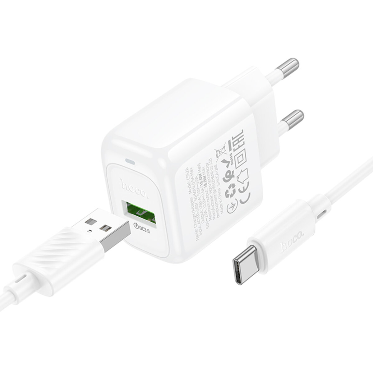 Мережевий зарядний пристрій з кабелем HOCO CS52A Surplus single-port QC3.0 charger set(Type-C) White на малюнкі №3