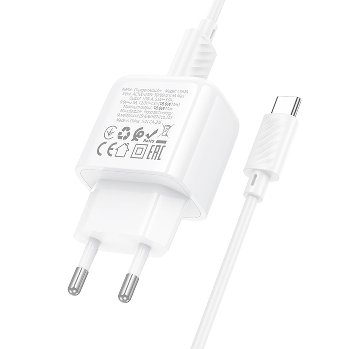 Мережевий зарядний пристрій з кабелем HOCO CS52A Surplus single-port QC3.0 charger set(Type-C) White на малюнкі №7