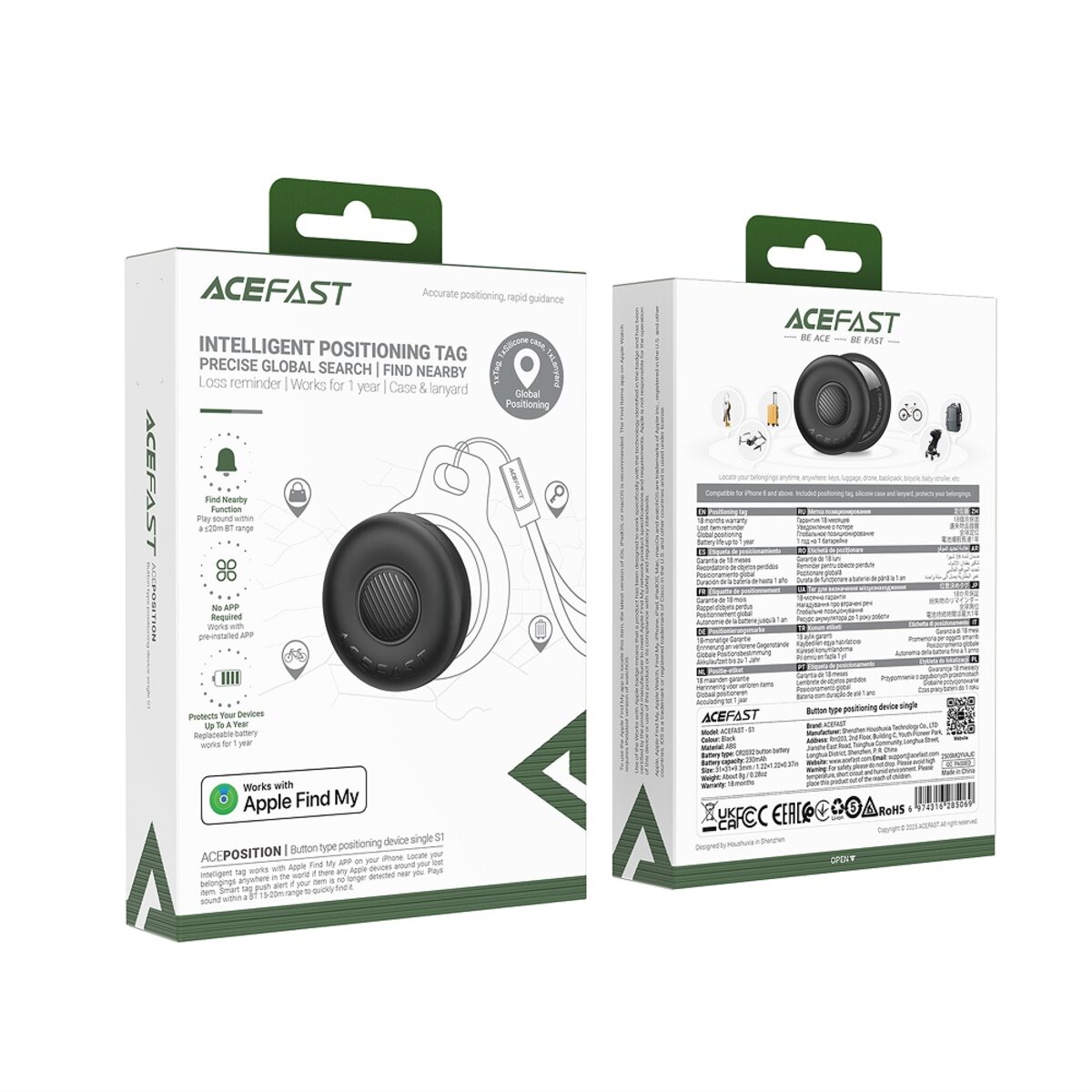 Трекер ACEFAST S1 button type positioning device single Black на малюнкі №2