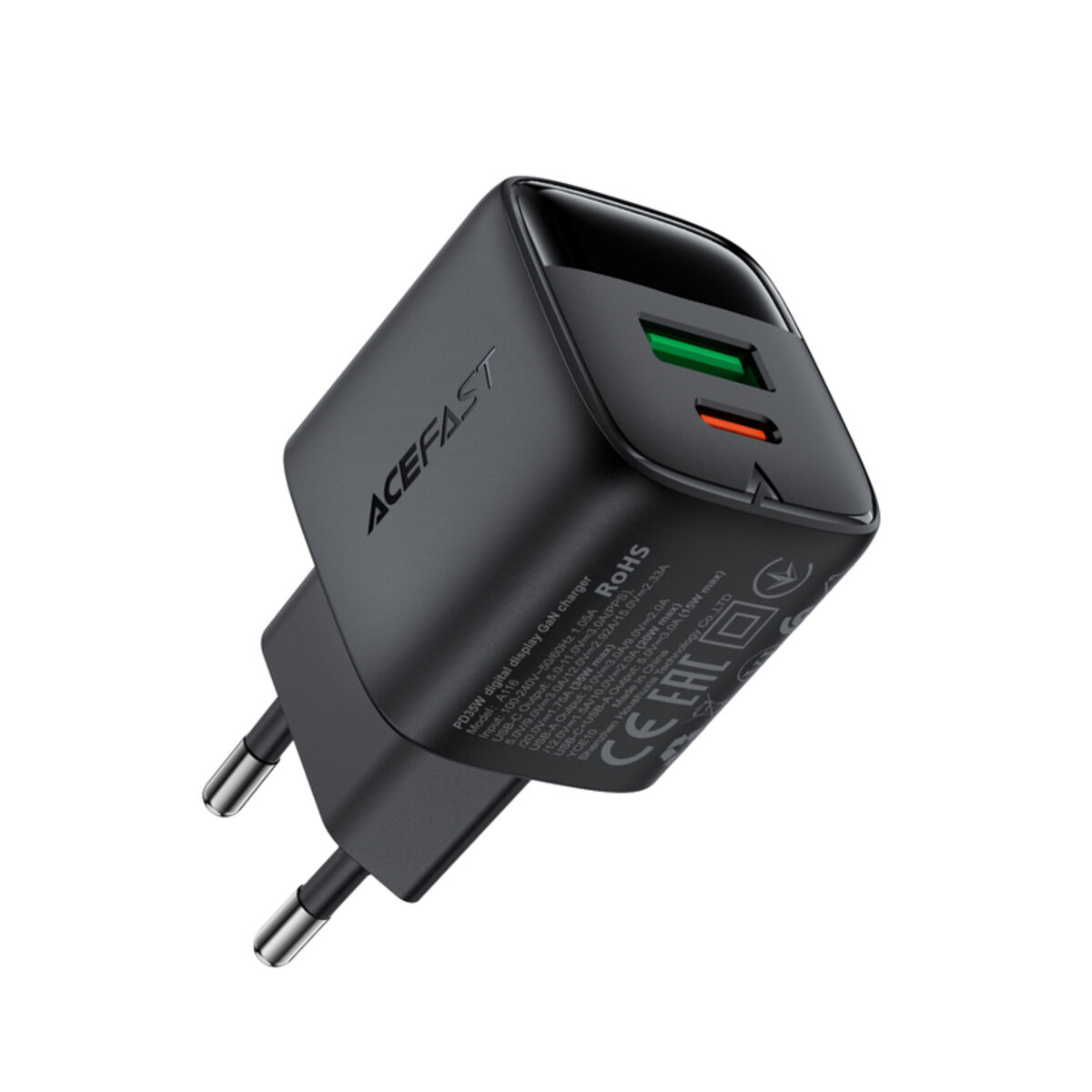 Мережевий зарядний пристрій ACEFAST A116 PD35W GaN charger (USB-A+USB-C) with digital display Black на малюнкі №3