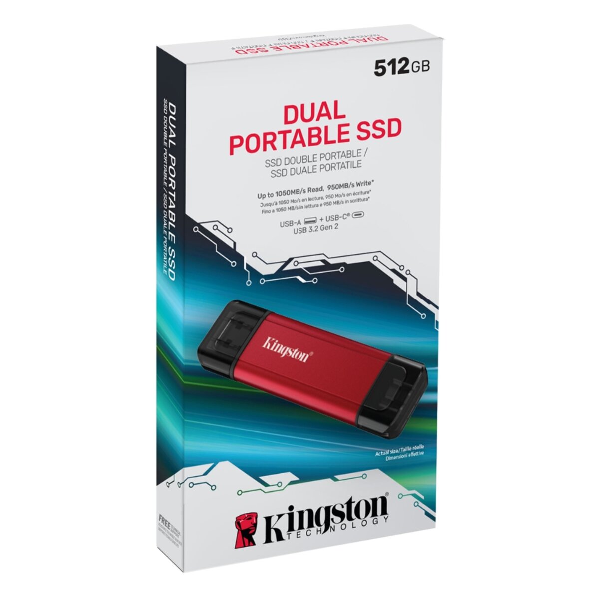 Портативний SSD Kingston Dual USB-A/C 512GB Dual Portable 1050MB/s USB 3.2 Gen 2 Red/Black на малюнкі №2