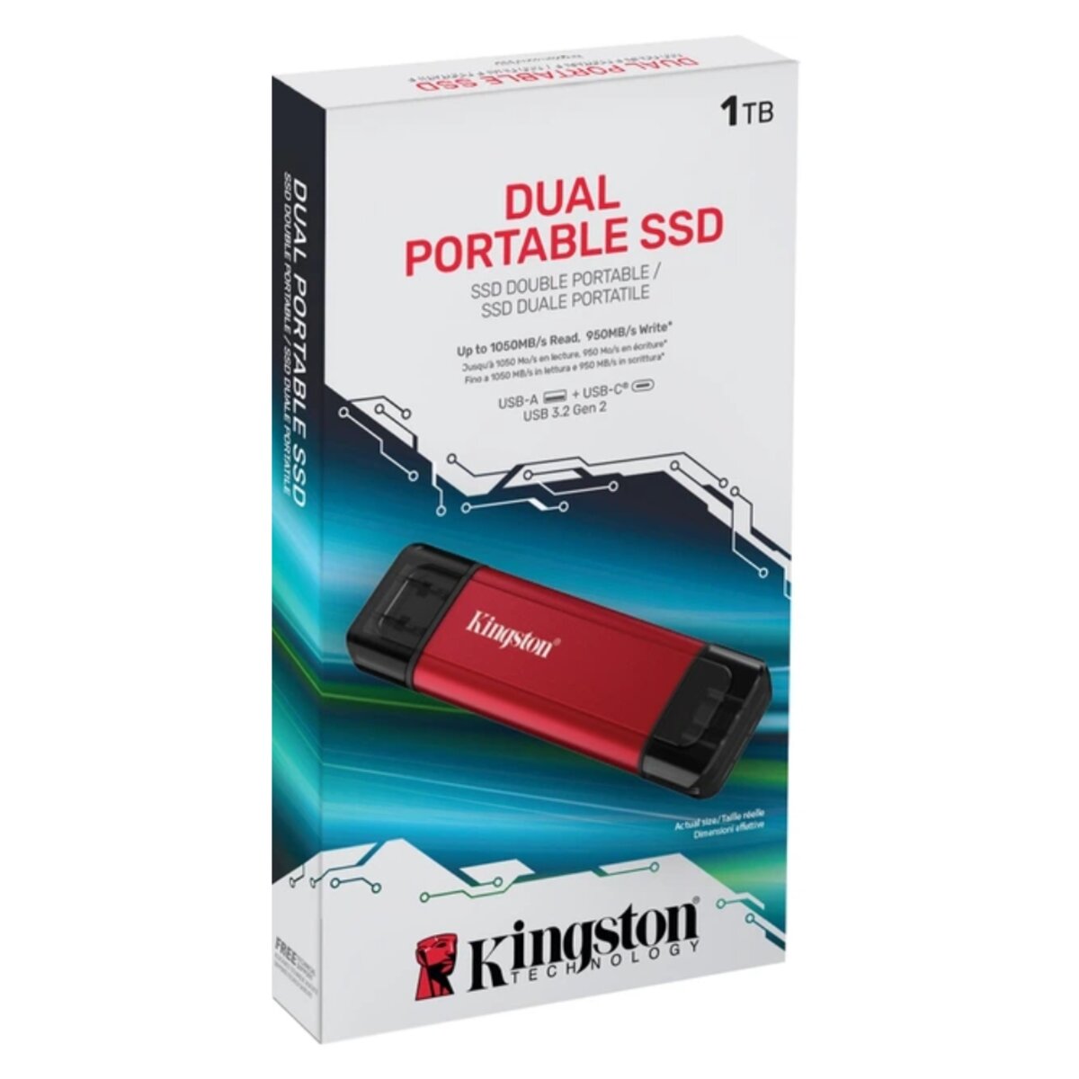Портативний SSD Kingston Dual USB-A/C 1TB Dual Portable 1050MB/s USB 3.2 Gen 2 Red/Black на малюнкі №2