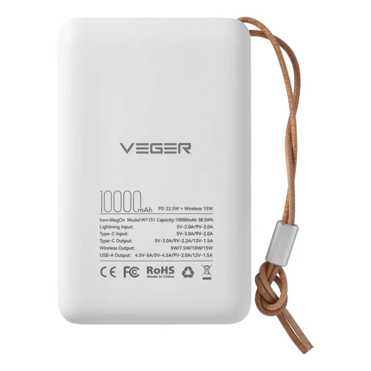 Зовнішній акумулятор VEGER 10000 mAh with wireless charging compatible with MagSafe PD QC3.0 2A 20W MagOn (VP1151 / W1151) white на малюнкі №4