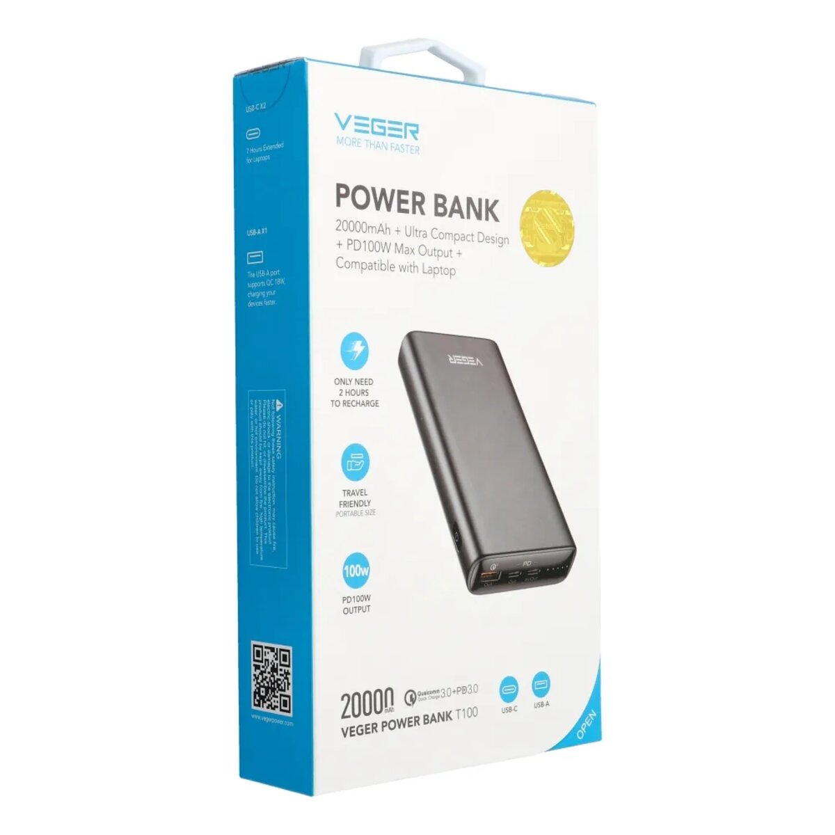 Зовнішній акумулятор VEGER 20000 mAh PD QC3.0 5A 100W T100 (W2032C-100) black на малюнкі №2