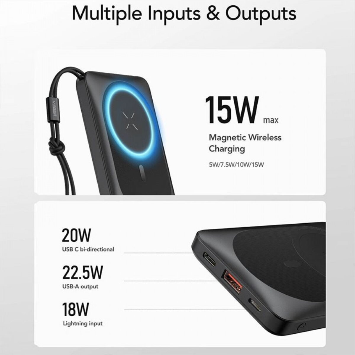Зовнішній акумулятор VEGER Wireless 10000mAh 38.5Wh 3.85V Black на малюнкі №5