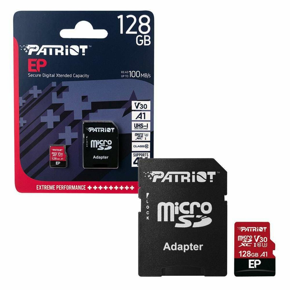Карта памяті microSDXC (UHS-1 U3) Patriot EP Series 128Gb class 10 V30 (R-100MB/s, W-80MB/s) (adapter SD) Фото 2 Карта памяті microSDXC (UHS-1 U3) Patriot EP Series 128Gb class 10 V30 (R-100MB/s, W-80MB/s) (adapter SD) на картинке №2